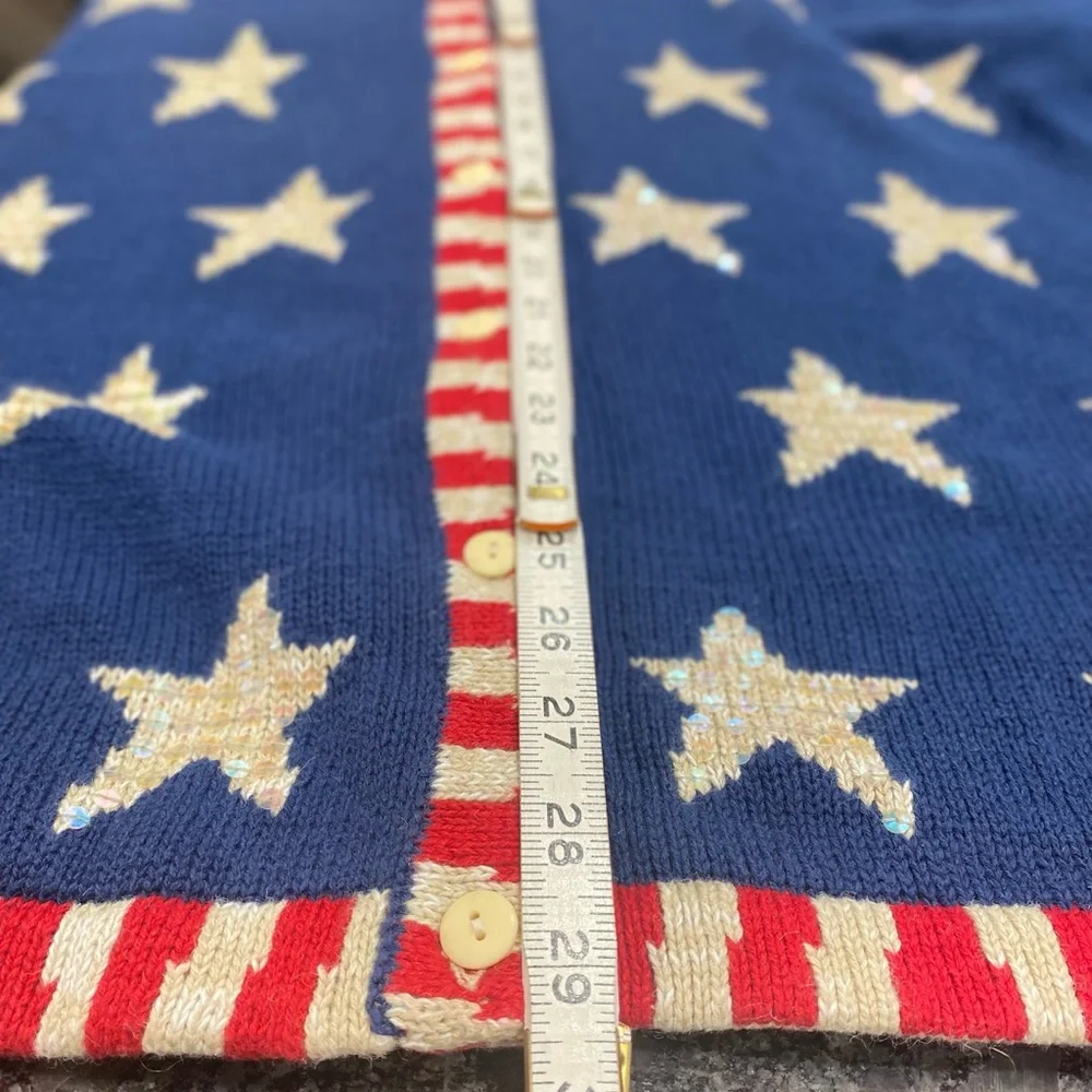 Quacker Factory Navy Blue Star Cardigan with Cream Stars and Red-White Trim